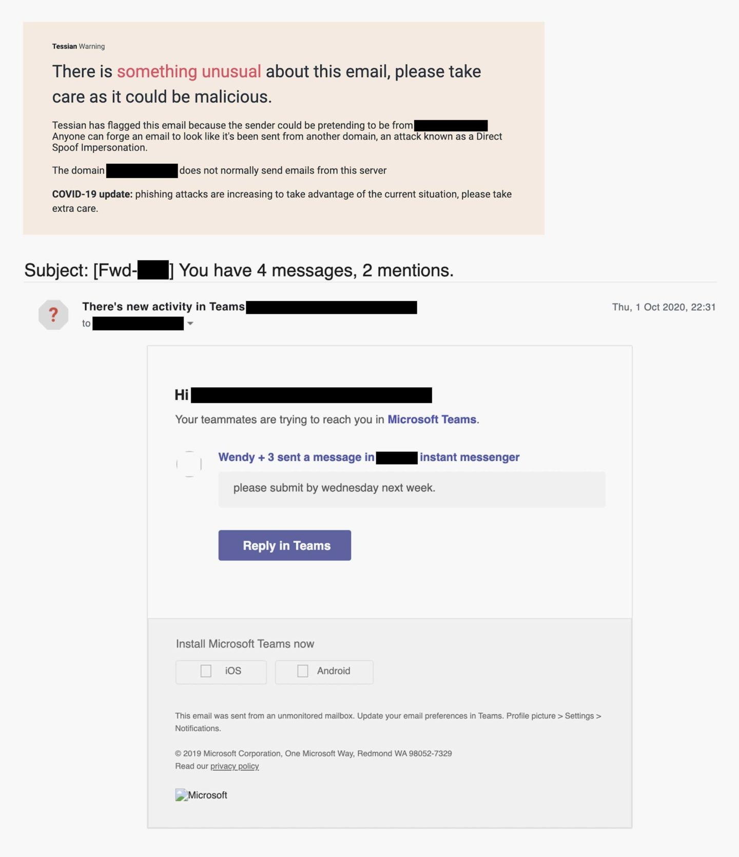 This is an example of a spear phishing email. The attacker is impersonating is leveraging a fake Microsoft Teams notification - Real spear phishing examples