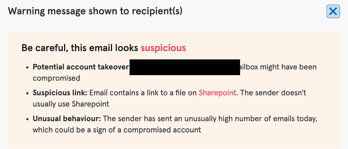 The warning message Tessian displayed - SharePoint file share attacks